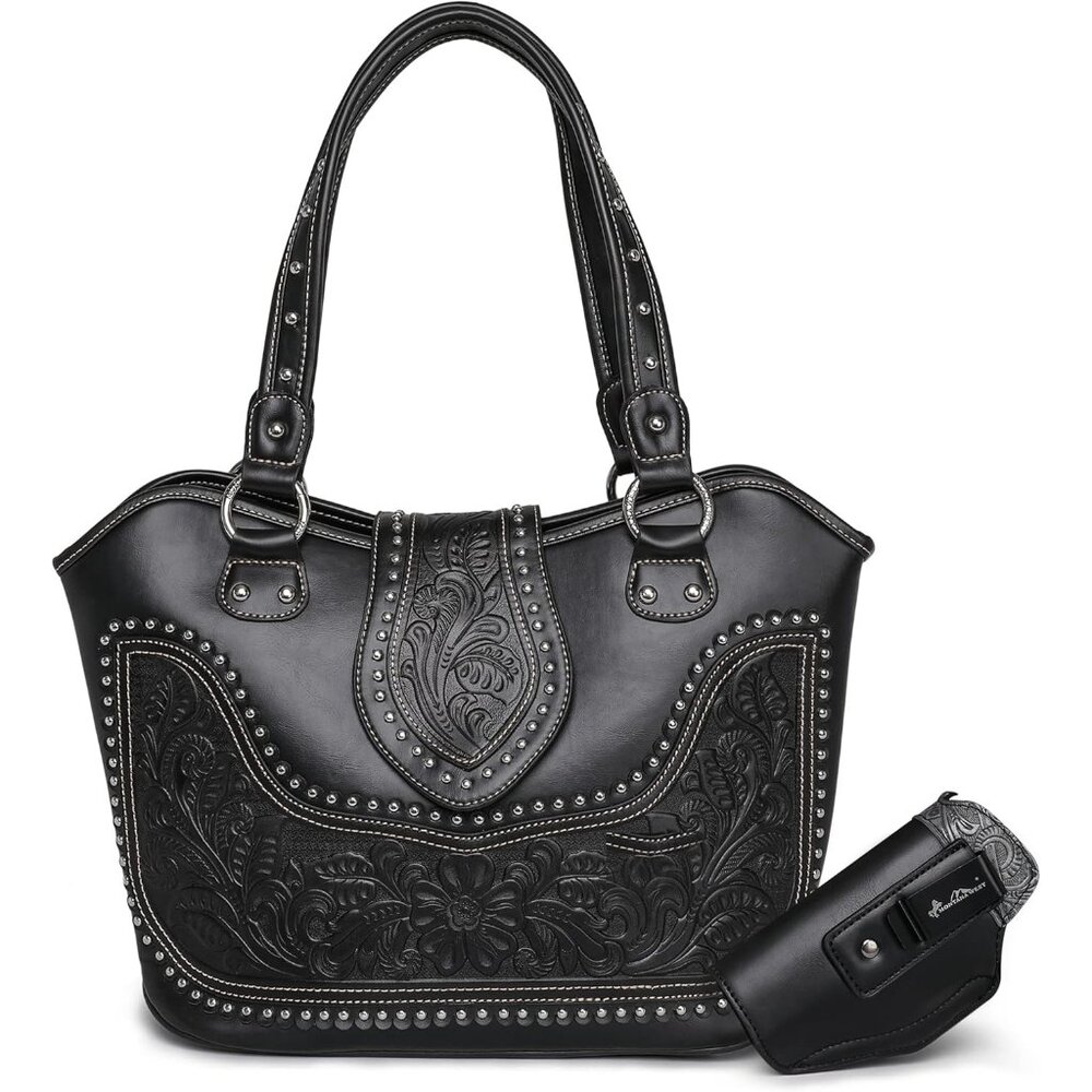 New Women's Vegan Leather Western Tote Bag Tooled Shoulder & Top Handle Handbag - Picture 6 of 10